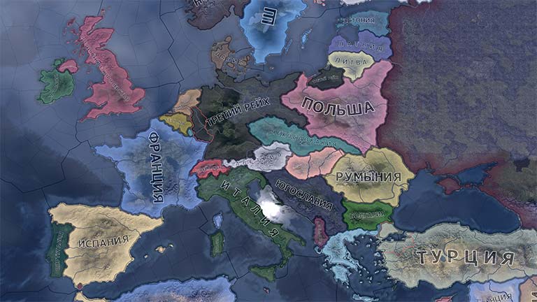 Скриншот карты Европы в игре Hearts of iron 4 на момент 1 января 1936 года